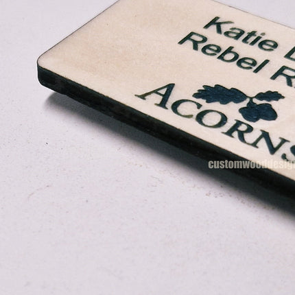 Blonde Birch Name Badges MOQ 10pcs Bespoke Made Custom Wood Designs __label: Multibuy CustomWoodDesignsIrelandLaserengravedwoodenNameBadges_27