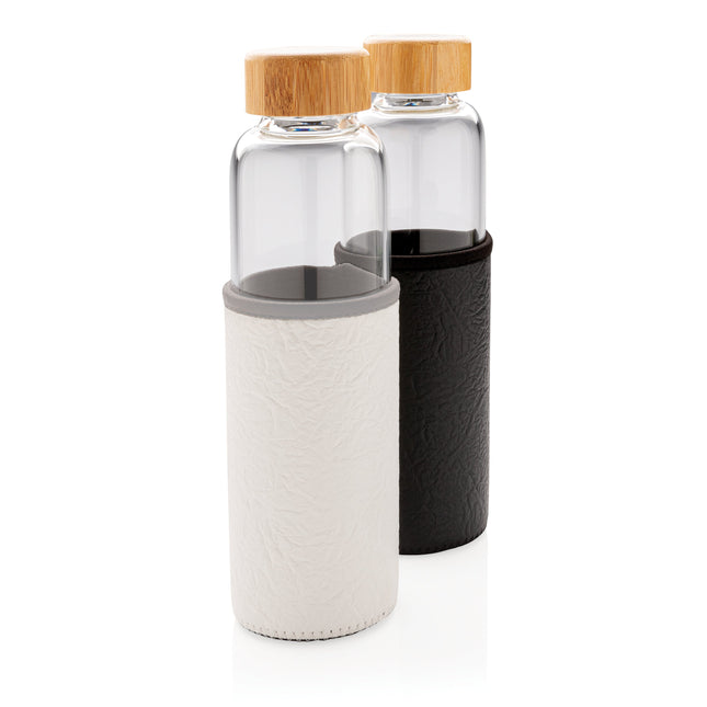Glass bottle 550ml with bamboo lid & textured PU sleeve pack of 25 Custom Wood Designs __label: Multibuy black-glass-bottle-550ml-with-bamboo-lid-textured-pu-sleeve-pack-of-25-53613714014551